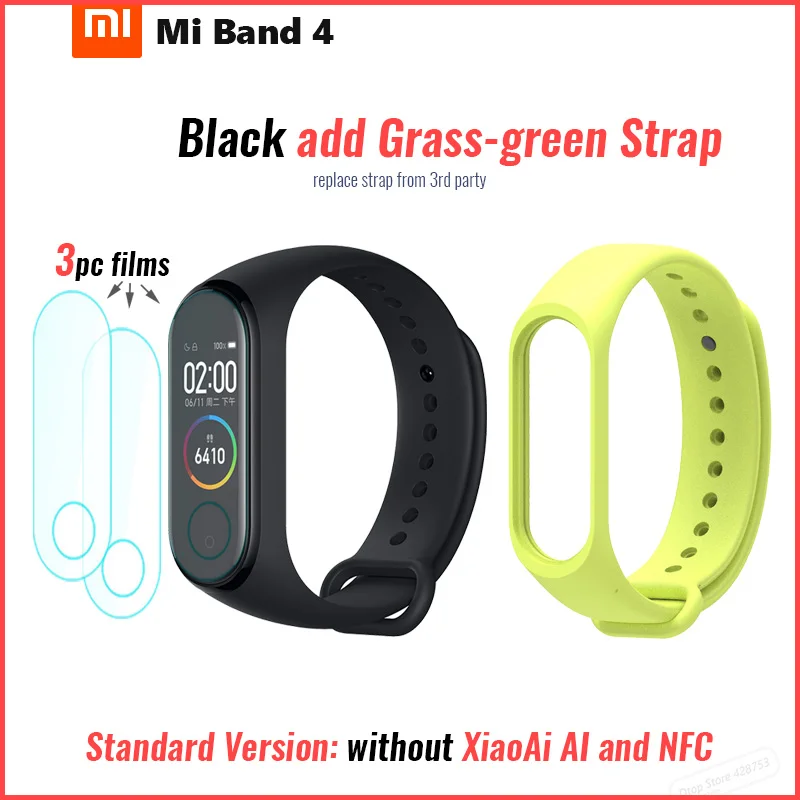 Xiaomi Mi смарт-браслет 4 Bluetooth 5,0 фитнес-браслет AMOLED цветной сенсорный экран Музыка AI пульс - Цвет: add film green strap