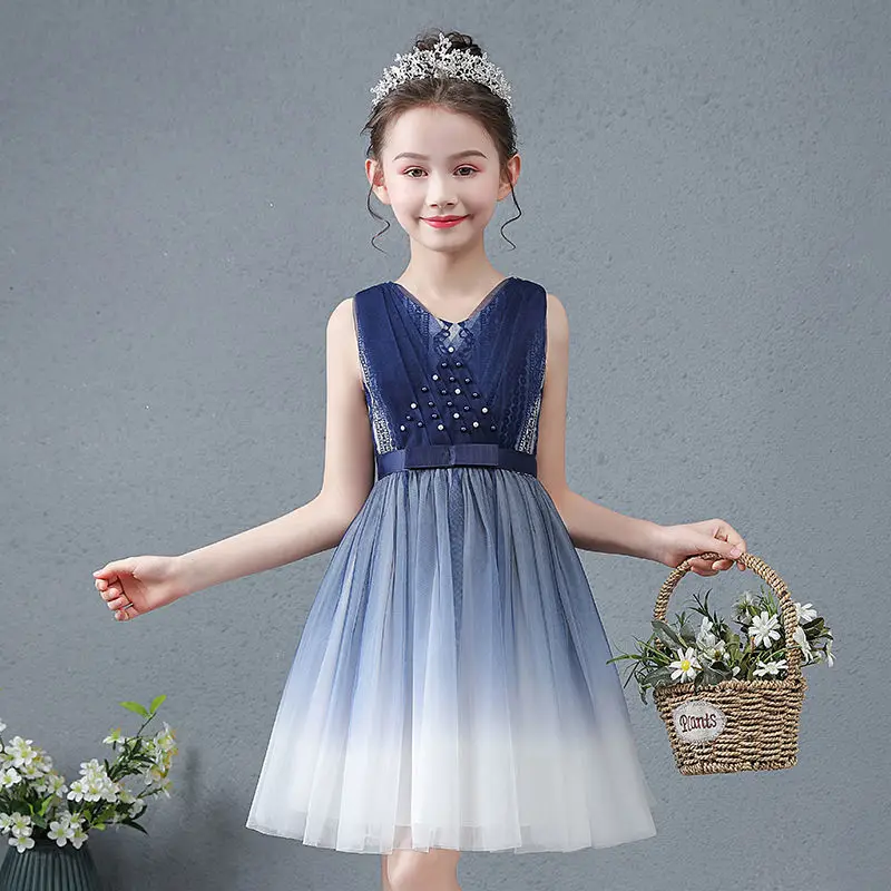 

Темно-синее праздничное платье принцессы платья для девочек с v-образным вырезом, без рукавов, а-силуэта в сетку и элегантные вечерние детск...