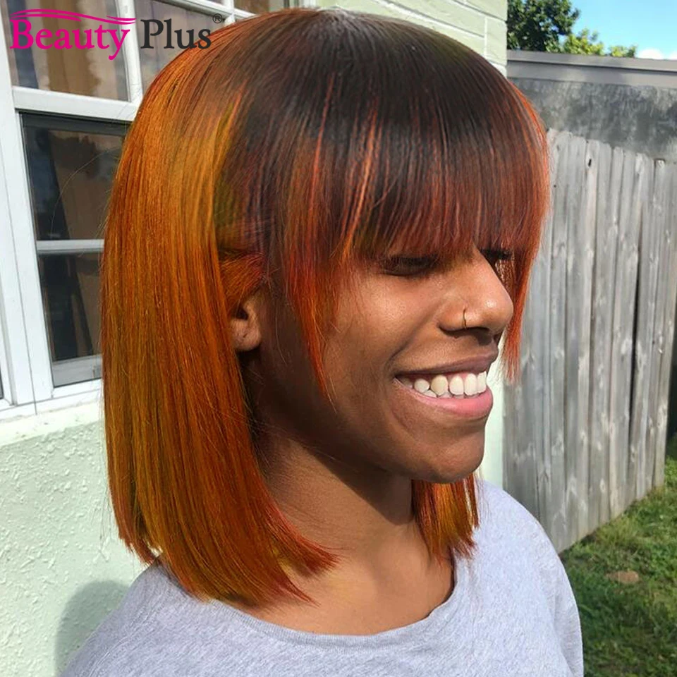 

Orange Color Peruvian Straight Human Hair Short Bob Wigs For Black Women Remy Human Full Machine Made 150% Hair Wigs With Bangs