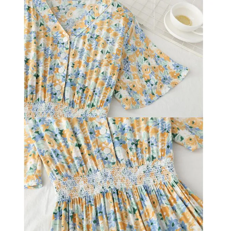

New 2021 Floral Print Women Summer Dress Elastic waist Vintage V-neck Casual Cotton Linen Long Dress Elegant Vestidos