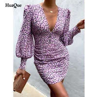 woman elegant and sexy v neck floral wrap dress summer mini puff sleeve pleated womens long sleeve mini wedding party dress