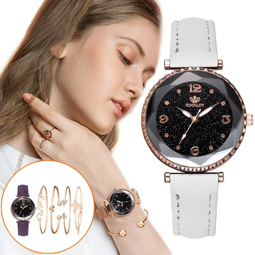 

Fashionable casual Women's Quartz Leather Band Strap Watch Analog Wrist Bracelet bracelet Watch Set часы женские наручные2021