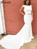 simple white mermaid evening dress with beaded crystal elegant sweep train soft satin prom dress 2021 robe de soir%c3%a9e de mariage