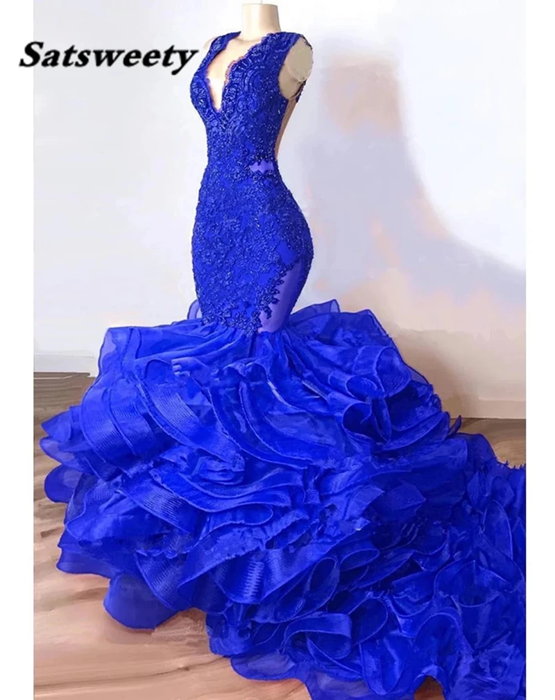 

Gorgeous Royal Blue Mermaid Prom Dresses Luxury Lace Beaded Ruffles Chapel Ruffles Train African Trumpet Evening Gowns Robe