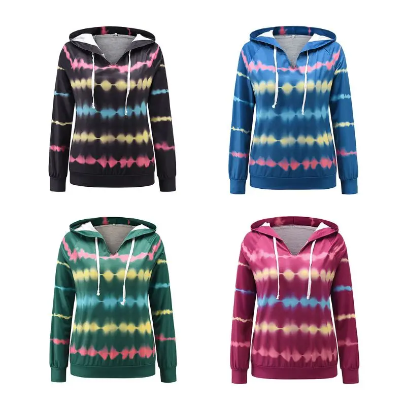 

Women Autumn Long Sleeve V-Neck Drawstring Hoodies Tie-Dye Heartbeat Wavy Striped Sweatshirts Casual Loose Pullover Tops