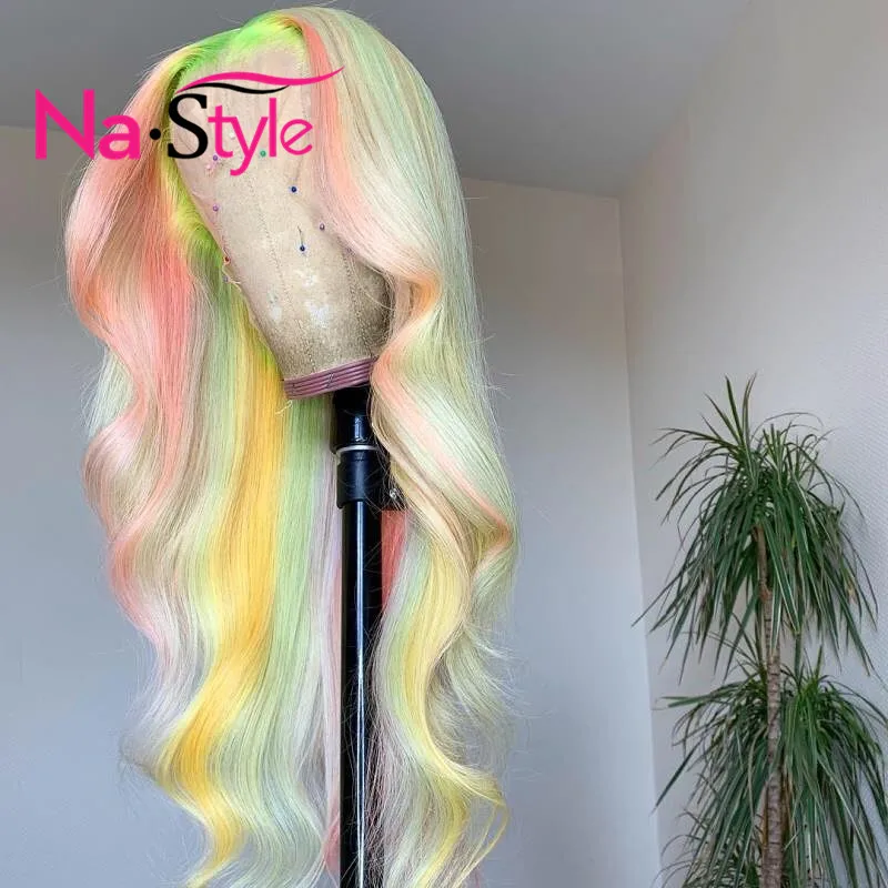

Rainbow Wig HD Lace Frontal Wig Blonde Lace Front Wig Human Hair Colored Human Hair Wigs 130% Ombre Human Hair Wig