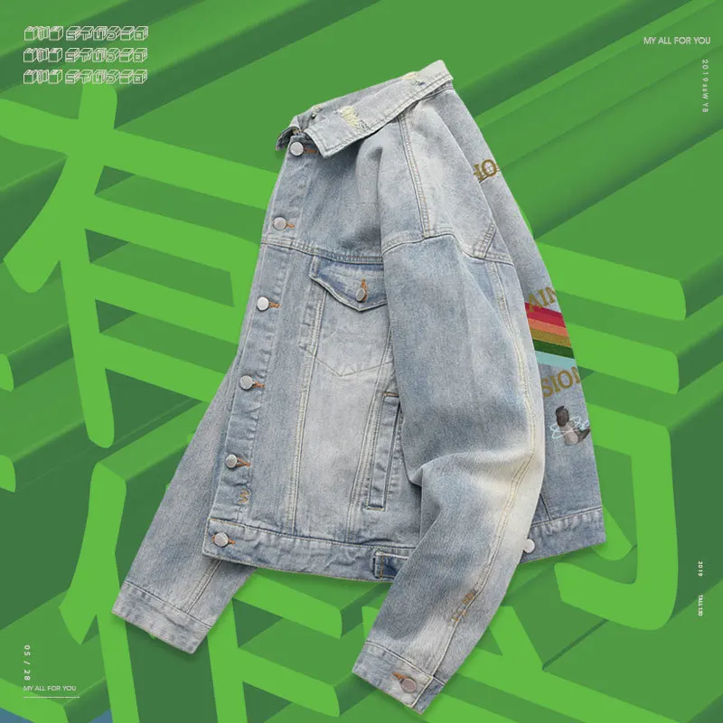 Детское Свободное пальто в стиле ретро Модная Джинсовая куртка с радужным