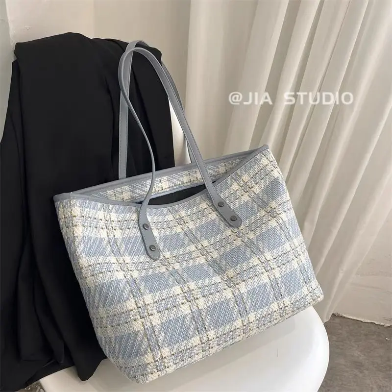 

Women Fashion Large-capacity Tote Bags Elegant Ladies Casual Blue Plaid Handbags Commuter All-match Zipper Shopping Package