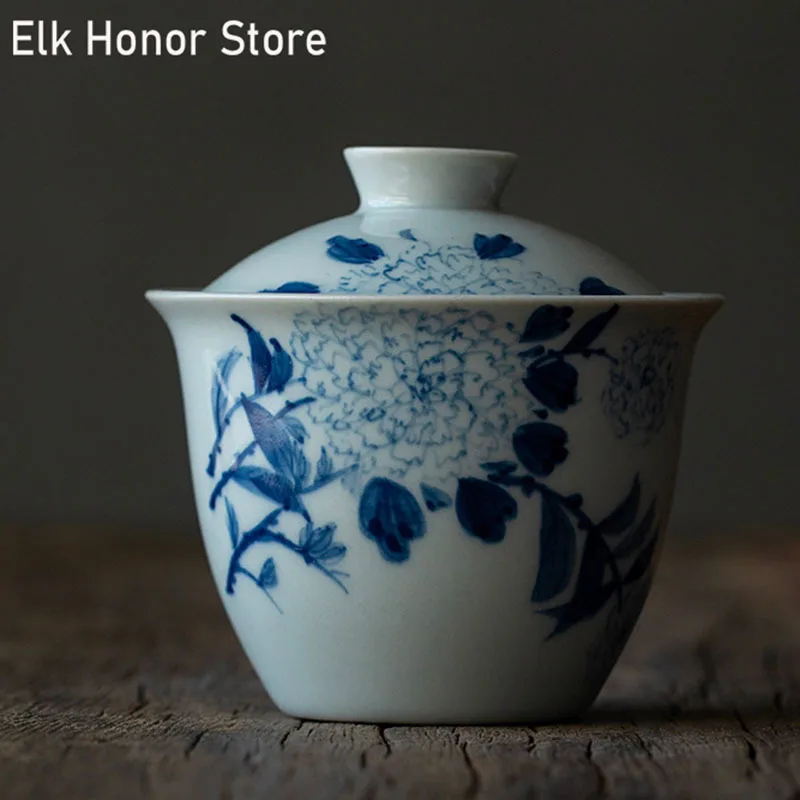 

120ml Pure Hand-painted Hydrangea Art Ceramic Tea Tureen Blue Ash Flower Glaze Tea Maker Gaiwan Household Kungfu Teaset Ceremony