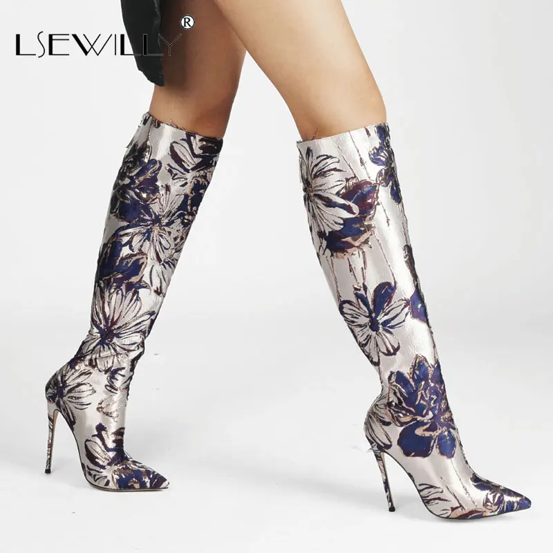 

Lsewilly 2021 Women Knee High Boots Sexy Thin High Heel Pointed Toe Ladies Calf Boots Microfiber Fashion Embroider Women's Boots