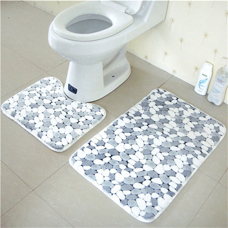 

New Arrive 2PCS Non-slip Bath Mat Fashion Soft Strong Anti-slip Gray Stone Include Shower Mat and Pedestal Mat