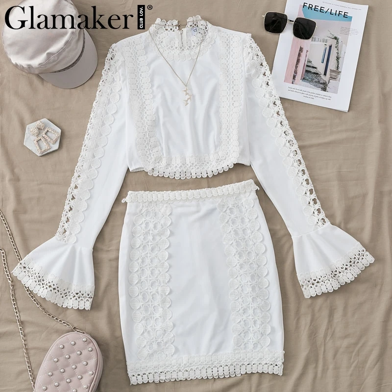 Glamaker, кружевное Белое Облегающее мини-платье, Женский костюм из двух частей, с расклешенными рукавами, зимнее платье, осенние короткие сексуальные вечерние элегантные платья для клуба