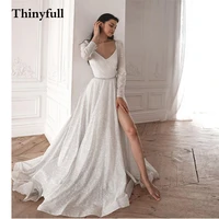 thinyfull glitter 2021 long sleeves v neck boho bridal gowns with sashes shiny side slit beach wedding dresses mariage gowns