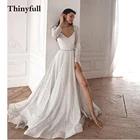 Thinyfull блестящие пляжные свадебные платья 2021 с длинным рукавом и V-образным вырезом, блестящие платья с поясом и Боковым Разрезом