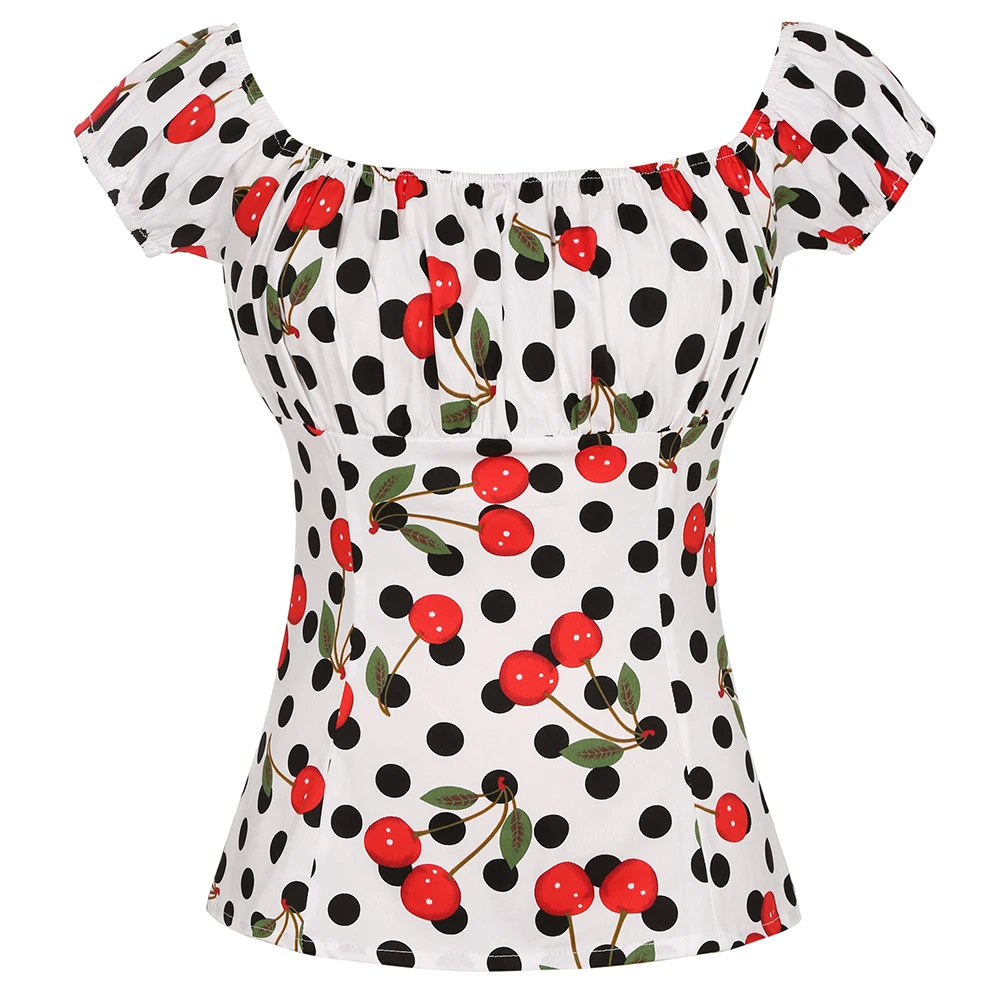 Summer Sexy Women Tops Slim Off The Shoulder Rockabilly 50s Style Vintage Polka Dot Cherry Floral Printing Short Sleeve Blouse