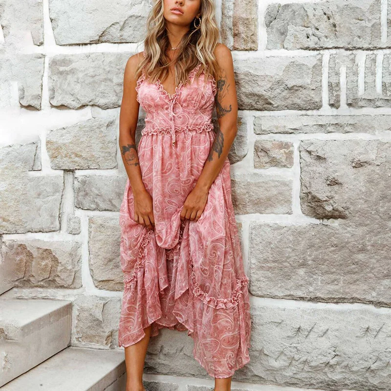 

Women Sexy V-Neck Drawstring Ruffles Party Dress Summer Vintage Print Loose Long Dress Elegant Halter Sleeveless Beach Vestidos