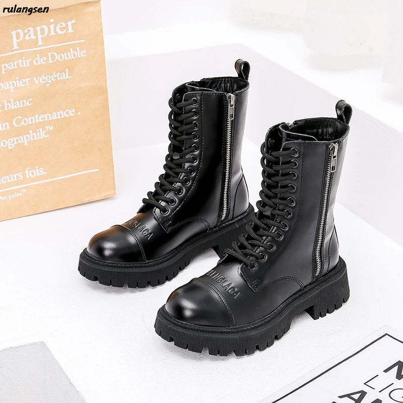 Martin Boots Female Ins Trendy Cool 2021 New Leather Thick-Soled British Style Black Mid-Tube Motorcycle Boots Children