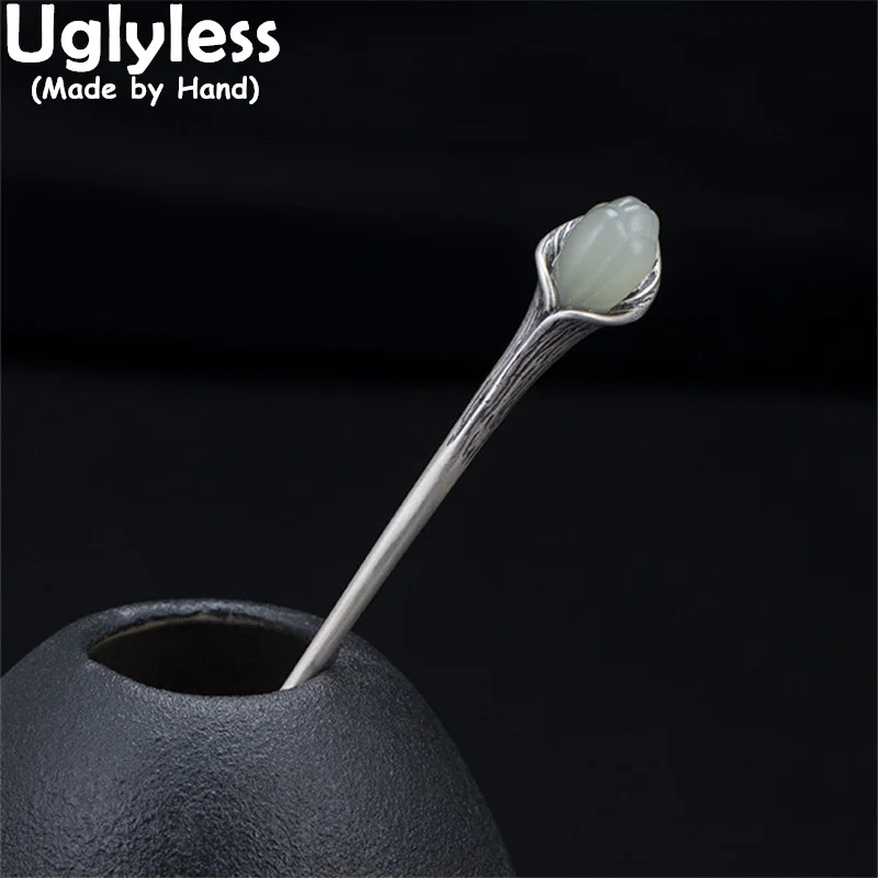 

Uglyless Natural Jade Magnolia Hair Jewelry for Women Elegant Floral Hair Sticks Real 925 Silver Flowers Gemstone Hair Accessory