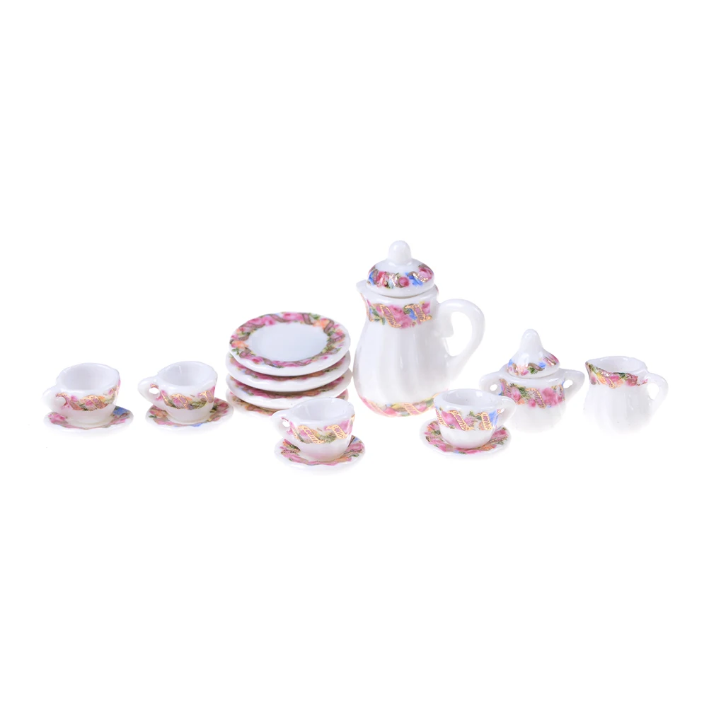 

New 15pcs/lot Beautiful Flower Patten Porcelain Coffee Tea Cups Ceramic Tableware Dollhouse Kitchen Accessories Pretend Play
