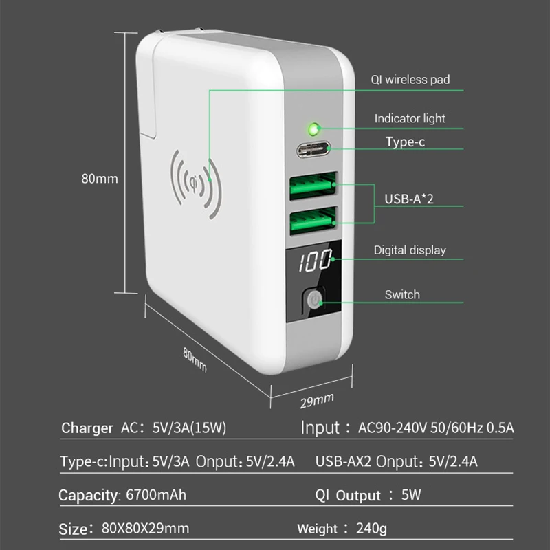 Multi-function Wireless Charger EU US UK AU Travel Plug QI Charging Power Bank with Digital Screen for IPhone 8 X Xs/r | Мобильные