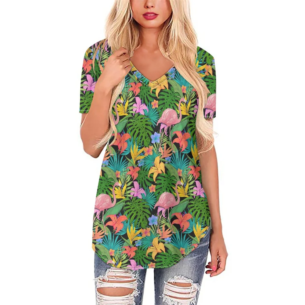 

Гавайские фламинго, повседневный свободный удобный пуловер с коротким рукавом, футболка с V-образным вырезом и коротким рукавом, женские то...