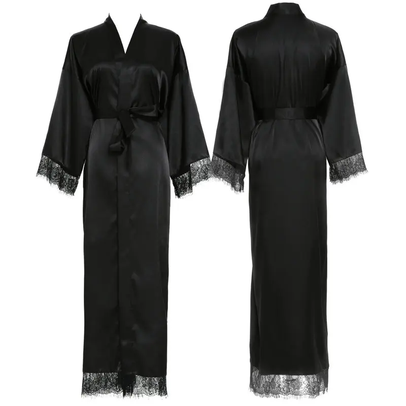 YUXINBRIDAL 2019 New 11 Colors Silk Satin Lace Robes  Bridesmaid Bride Robes Wedding Long Robe Bathrobe Women Robe Navy