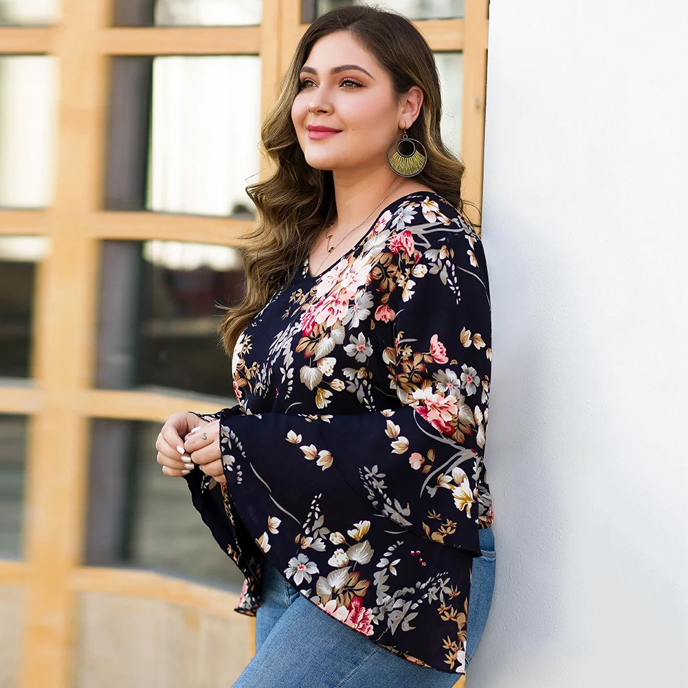 FADZECO блузки размера плюс для женщин цветочные печатные V образным вырезом с