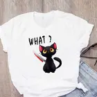 Какое зло в виде черного кота и нож Хэллоуин футболка кот футболка с изображением животного Футболка Harajuku Графический Футболка Забавный уличной одежды женский