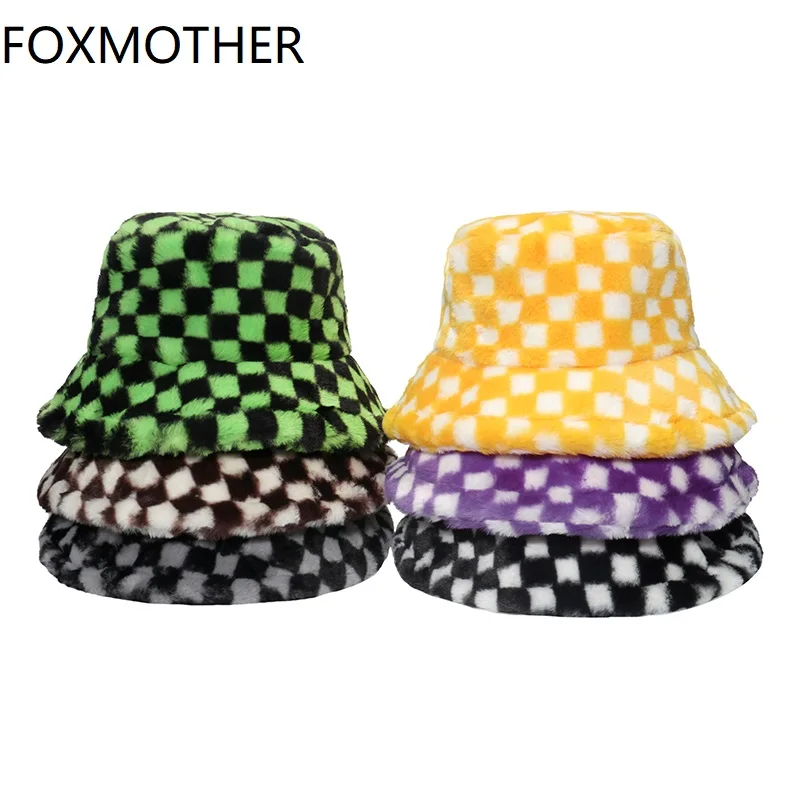 

FOXMOTHER New Faux Fur Winter Caps Black Green Plaid Check Bucket Hats For Women Mens 2021