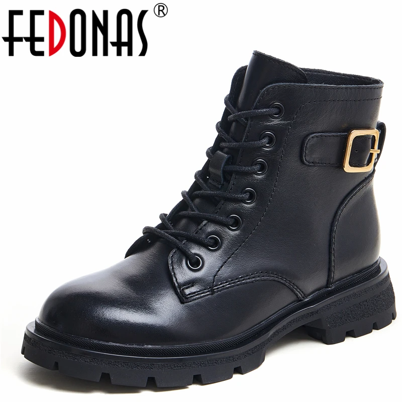 

Женские ботильоны из натуральной кожи FEDONAS, осенне-зимняя Уличная обувь на толстом каблуке с металлической пряжкой и шнуровкой