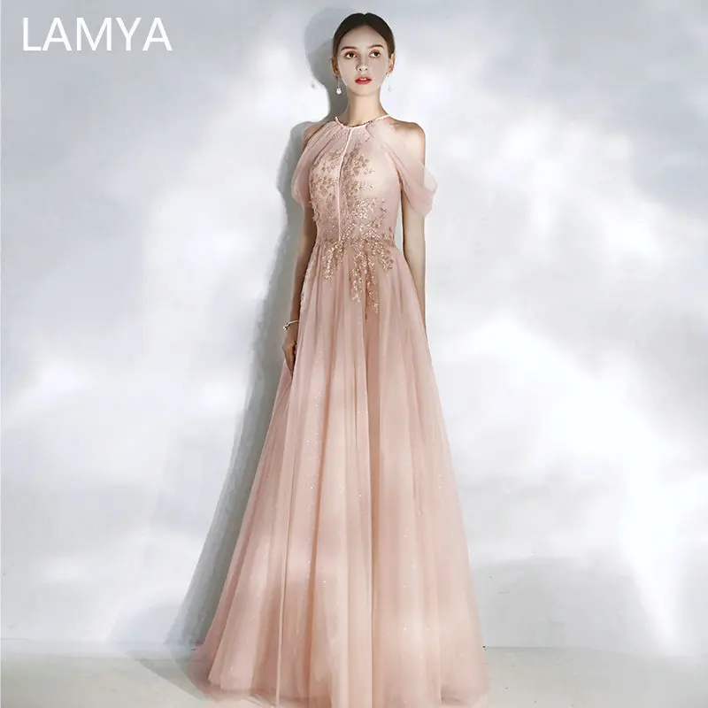 

Ламия элегантное плаьте принцессы с лямкой на шее Длинные вечерние платья 2021 аппликации с блестками платье для выпускного модные размера п...