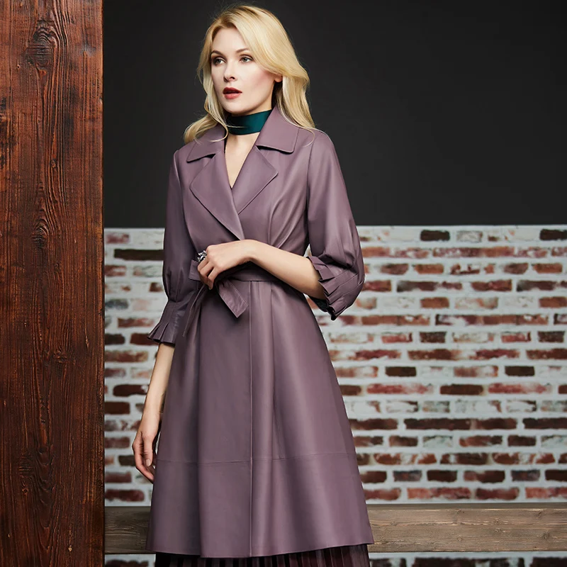 

goddess temperament beautiful flower style octave sleeve large skirt sheepskin windbreaker coat leather leather dress