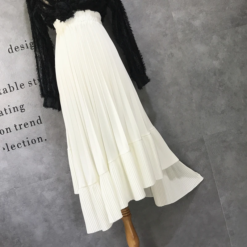 

Spring 2021 Elegant Irregular Women Pleated Skirt Lady Vintage Elastic High Waist A-line Skirts Female Casual Solid Faldas R15