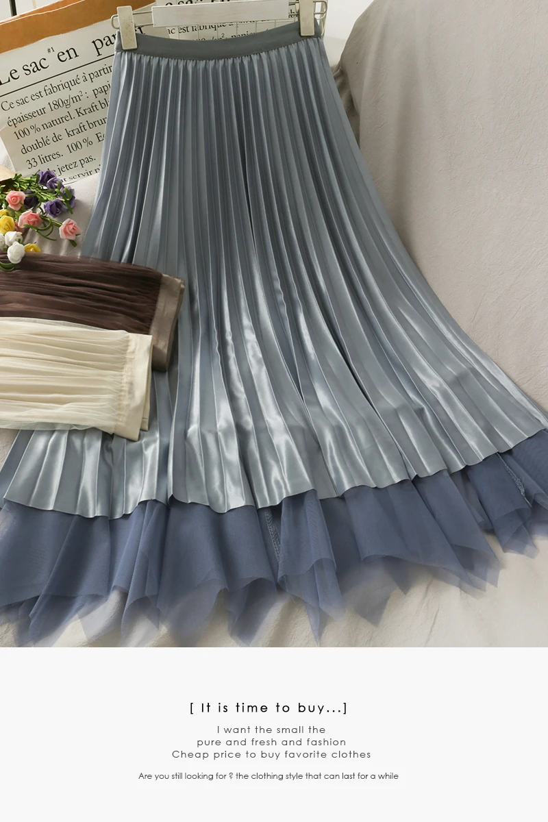 

ITOOLIN Korean Fashion Vintage Skirt Summer Dress Women Slim Fit High Waist Mesh Pleated Midi Skirt Femme