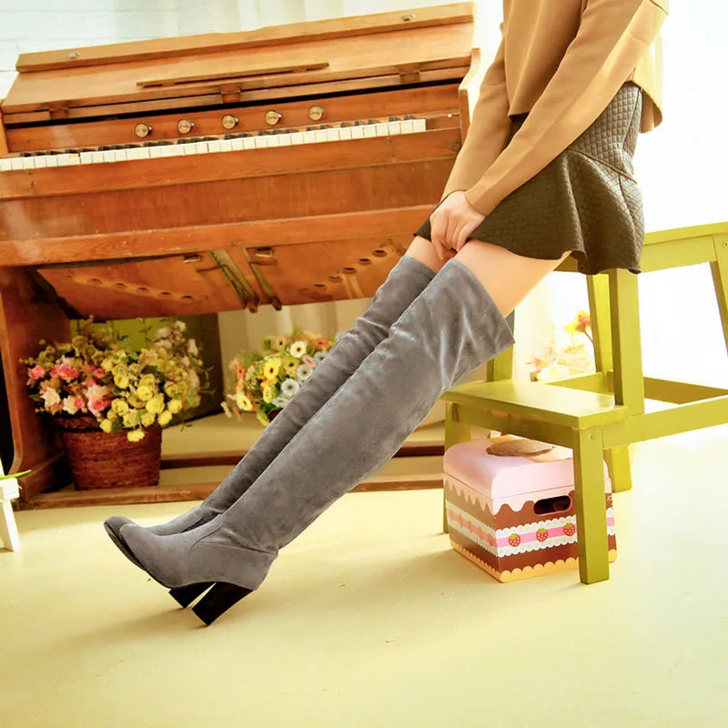 Женские сапоги выше колена с круглым носком женские из эластичной ткани в