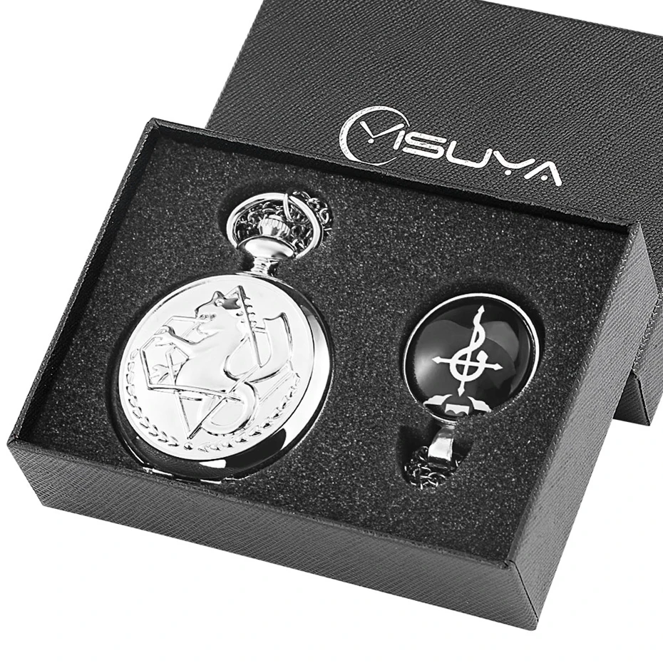 

Fashion Fullmetal Alchemist Pocket Watch Gift Set Edward Elric Anime Necklace Pendant Design Anime Clock Box Gifts for Men Women