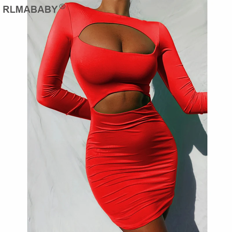 Осеннее пикантное мини платье с вырезами облегающее круглым вырезом и длинным