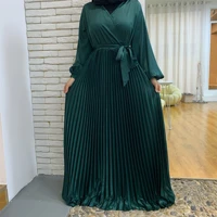 pleats surplice neckline satin abaya balloon full sleeve women long maxi dress muslim american modesty solid color elegant robe
