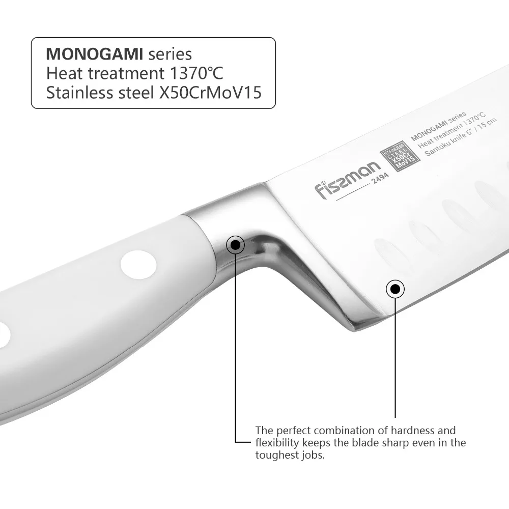 FISSMAN 6'' Santoku knife MONOGAMI (X50CrMoV15 steel) WHITE | Kitchen Knives