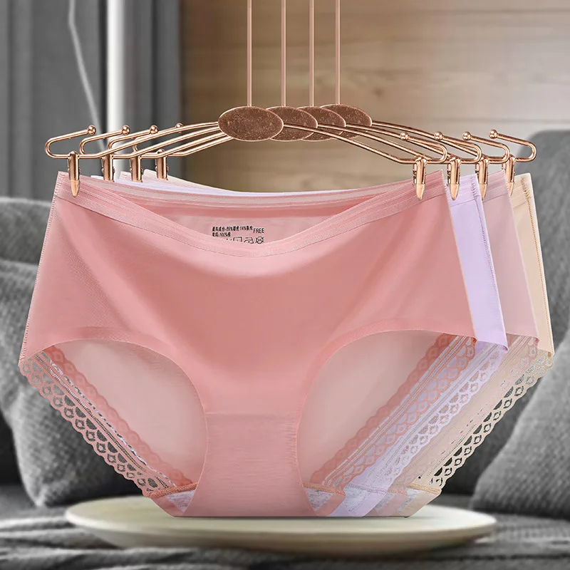 

Summer ladies ice silk lace edge seamless waist underwear one-piece solid color breathable cotton crotch triangle underwear