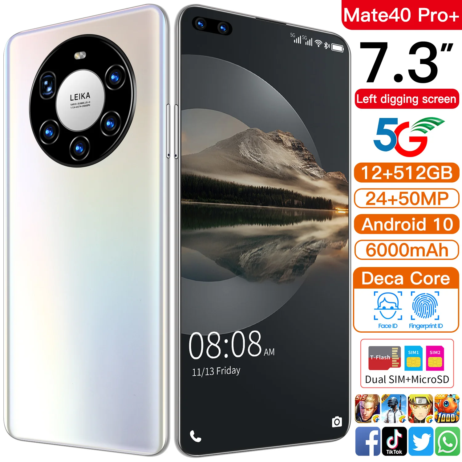 

Global Version Mate40pro+ 7.3 Inch Smartphone Andriod 10.0 Face ID Mobile Phone MTK6889 Double SIM Card Cellphone
