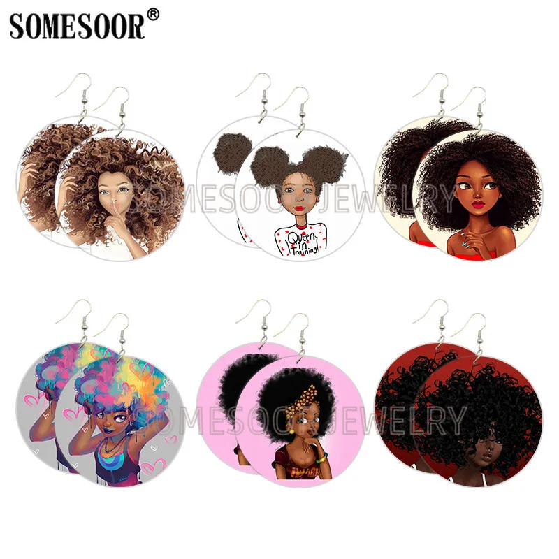 SOMESOOR Cute Afro Baby Pop Arts Wooden Drop Earrings Black Girl Magic Rock Curls Design Printed Wood Dangle For Women Gifts