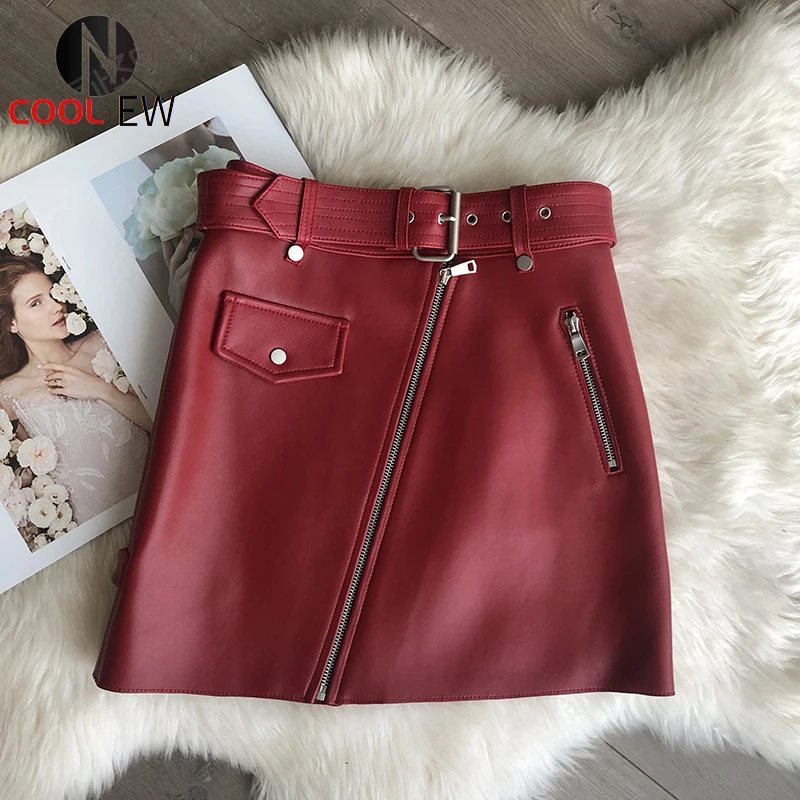 

Mini Leather skirt with belt 2021 new fashion high waist red and black sheepskin leather skirts womens plus size a line skirt