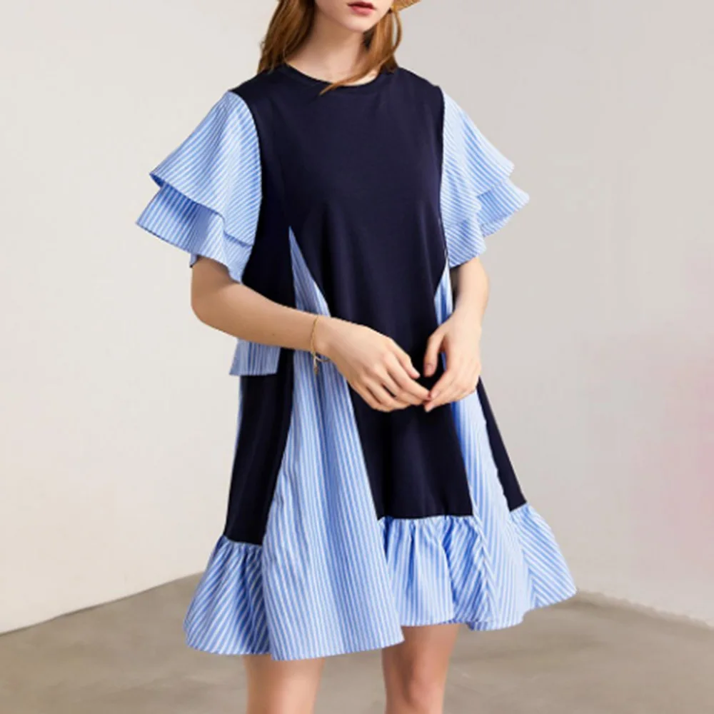 

Dress Short Sleeve New Style Round Neck Pullover Patchwork Print Stripe Color Block Asymmetric Summer Women's Dress 2021