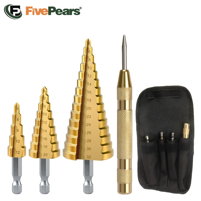 FivePears Step Drill Bit Set Automatic Kerner，Stage Drills 32mm Metal Core，Tools,Set Of Drill For Metal Cone
