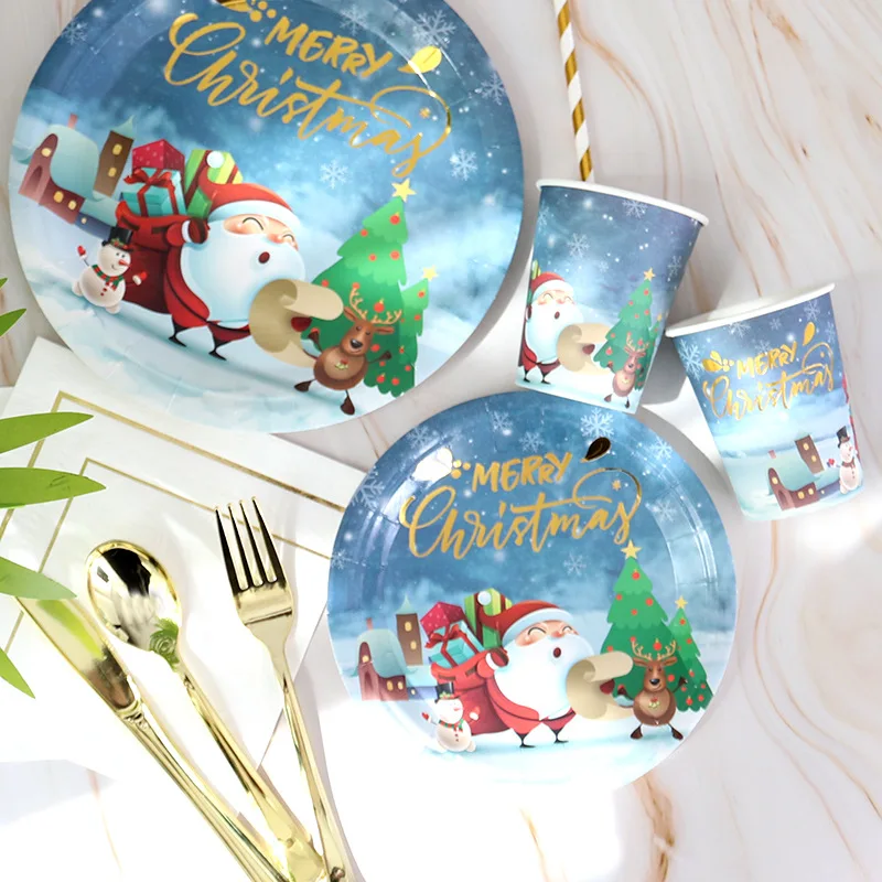

Merry Christmas Disposable Tableware Santa Claus Birthday Home Party Decorations Supplies Disposable Cup Plate Kids Dinner Sets