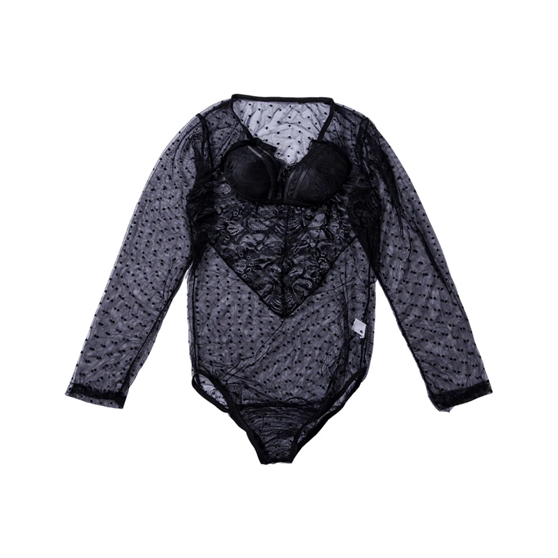

NEW Women Sexy Lace Sheer Mesh Bodysuits Leotard V-neck Long Sleeve See Through Skinny Slim Jumpsuit Body Tops Lady Bodycon Club