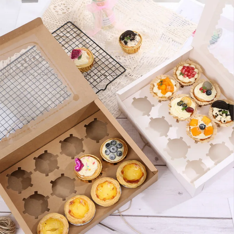 Caja portátil de 12 cavidades para cupcakes con ventana, caja de papel Kraft para muffins, caja de embalaje para postres y pasteles, Cajas de Regalo para fiestas y bodas, 5 uds.