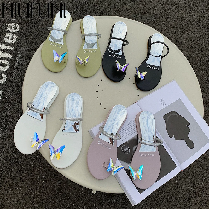 

Butterfly Women's Sandals Flat Bottom Summer Style Fairy Flip Flops Rhinestone Slippers Shiny Round Toes Open Toes Women's Shoes