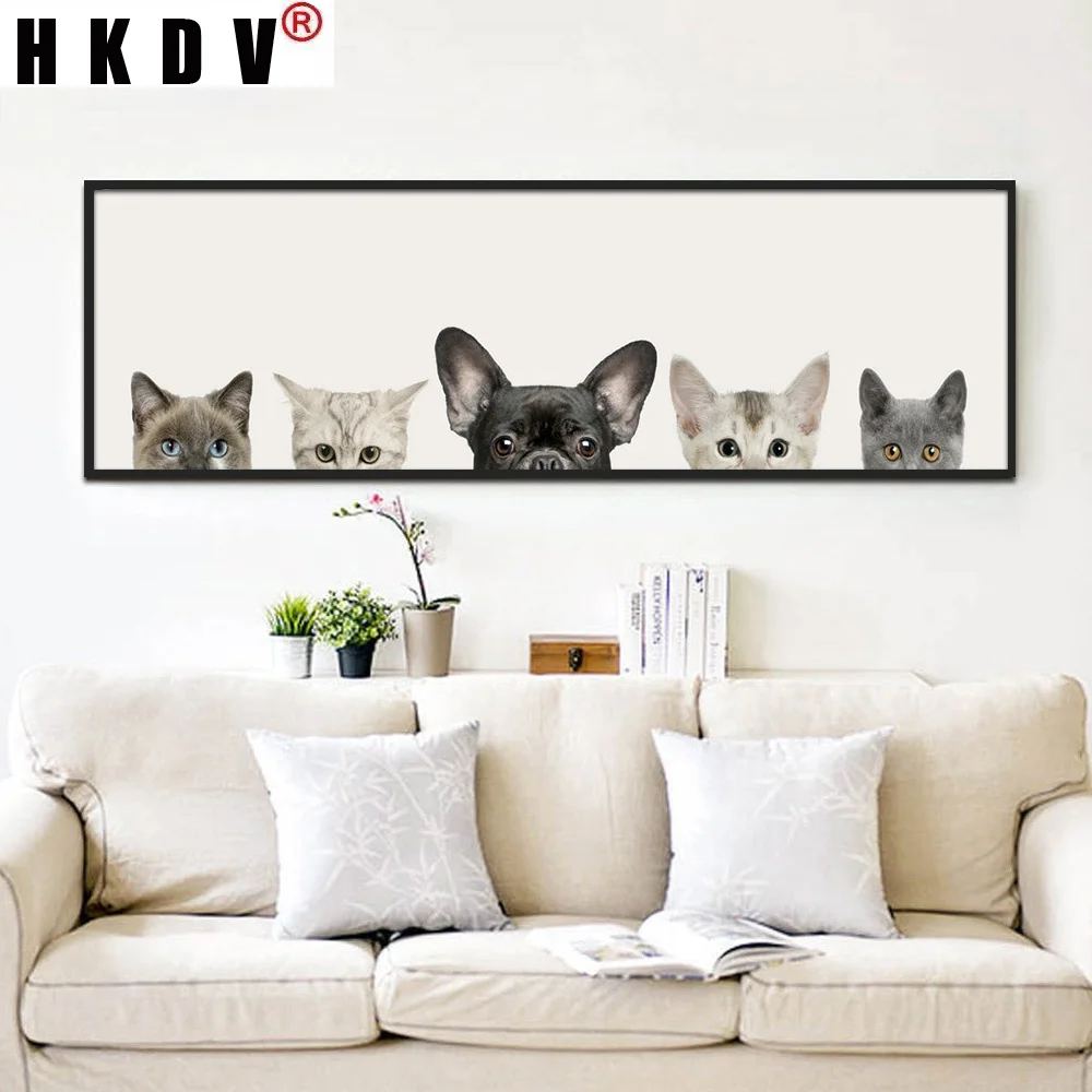 

HKDV Cute Animals Cat Dog Looking Mysterious Canvas Painting Wall Art Print Poster Picture Modern Living Room Home Decoration